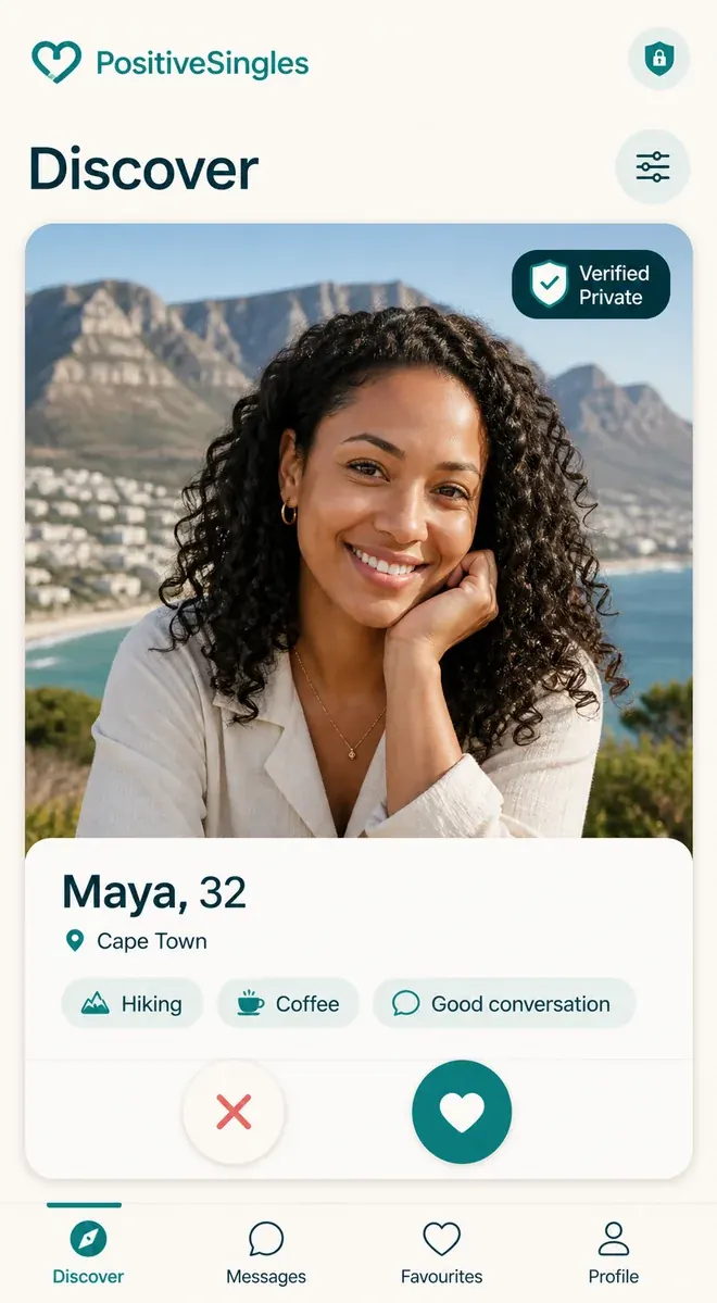 PositiveSingles mobile app Discover screen with a private member profile