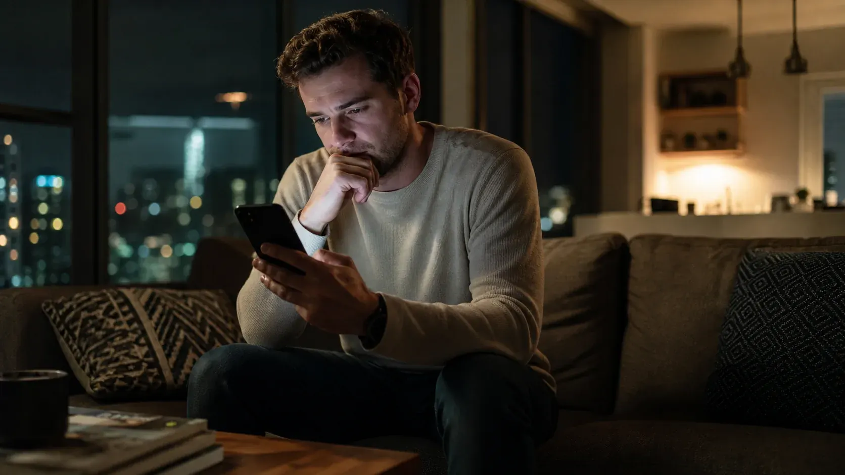 A man considering an unexpected message from a former partner